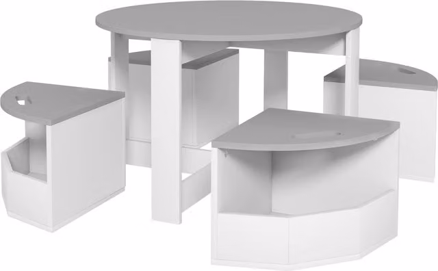 Set con Tavolo e 4 Sgabelli AIYAPLAY per Bambini in Legno con Vano Contenitore, Grigio e Bianco – 1