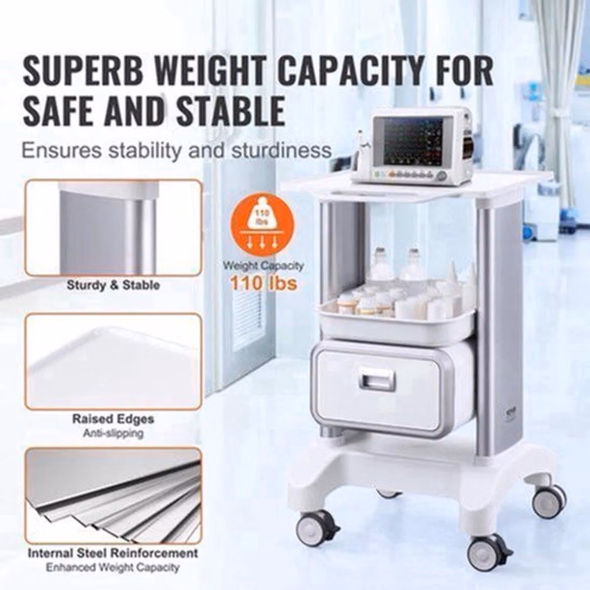 Carrello da laboratorio – Acciaio inossidabile – Colore oro – 2 ripiani – Ruote piroettanti – Carrello medico