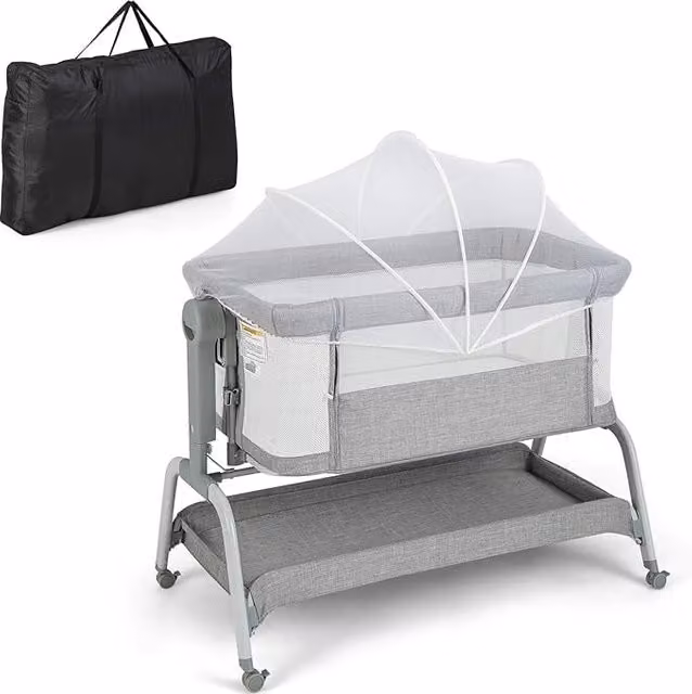 Culla Neonato 4 in 1 Costway Co-sleeping con Spondina Apribile, Altezza Regolabile e Inclinabile, Grigio