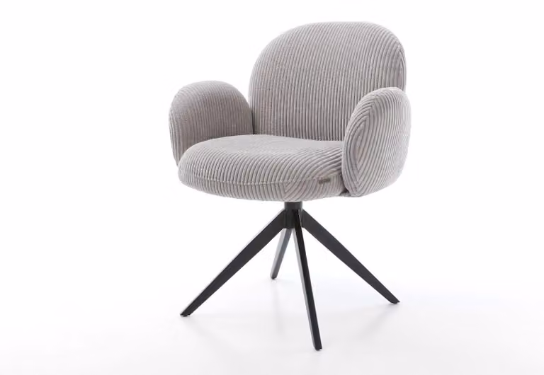 Sedia girevole DELIFE Nube-Flex con braccioli, rivestita in tessuto cord, colore grigio argento, base a stella larga, colore nero, girevole a 360°, con funzione basculante e imbottitura in molle insacchettate