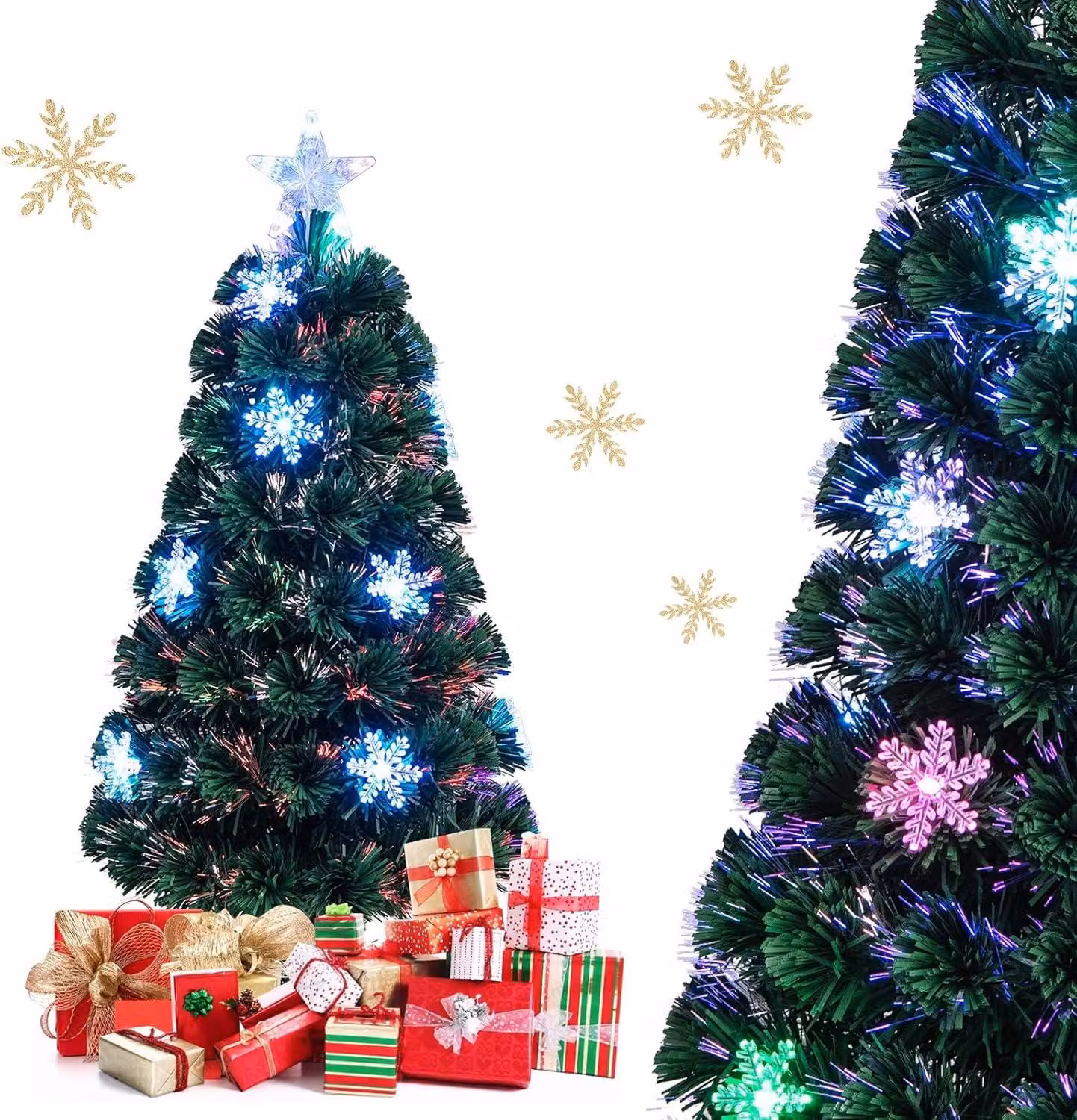 COSTWAY Albero di Natale artificiale a LED da 90 cm con cambiacolori a fibre ottiche e cima a stella, abete 85 aghi in PVC, albero di Natale ideale per casa, ufficio, negozi e hotel, verde
