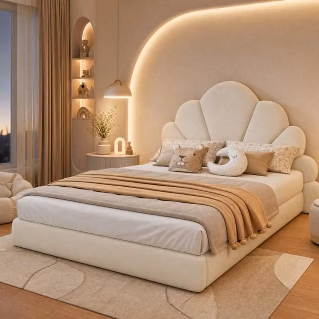 Letto Imbottito REDOM in Velluto Beige con Testiera Floreale L/P/H: 140 x 200 x 103 cm