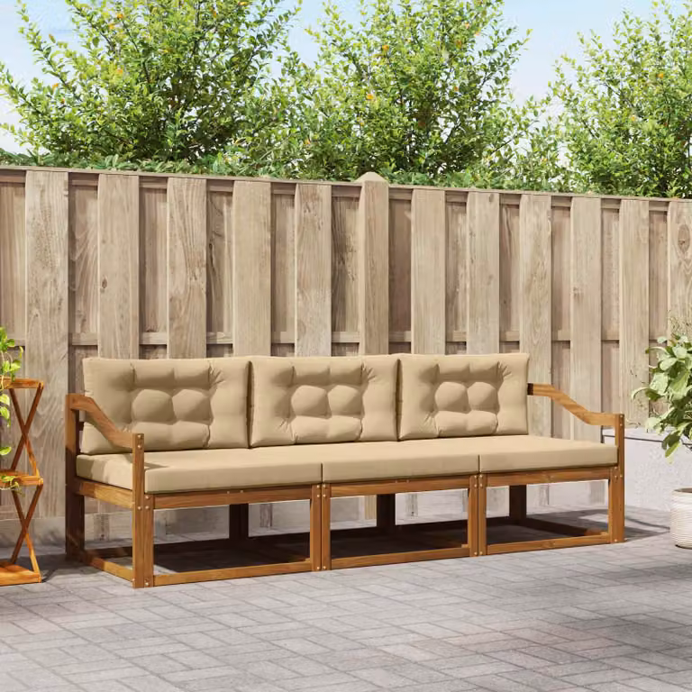Set di divani da esterno vidaXL in legno di acacia con cuscini, 3 pezzi, Marrone e Beige