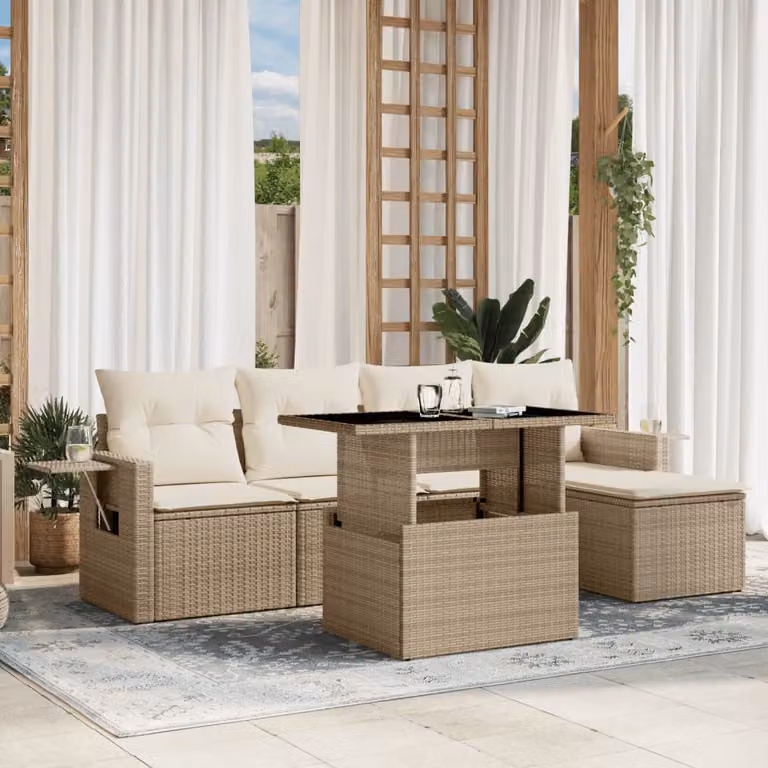 Set Divano da Giardino vidaXL 6 pz a Forma a L con Cuscini Beige e Tavolino in Vetro