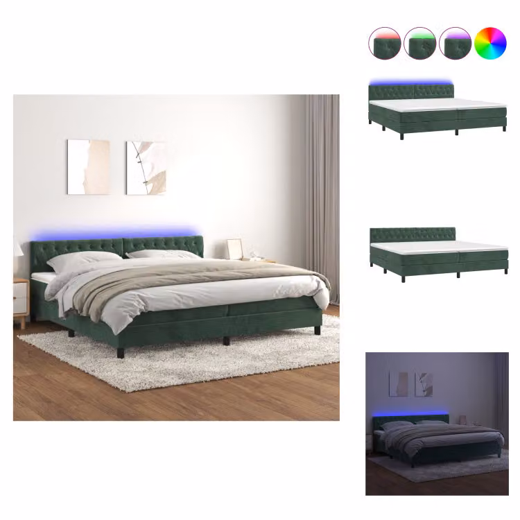 vidaXL Letto a molle con materasso e LED in velluto verde scuro 200x200 cm - Letti & strutture letto