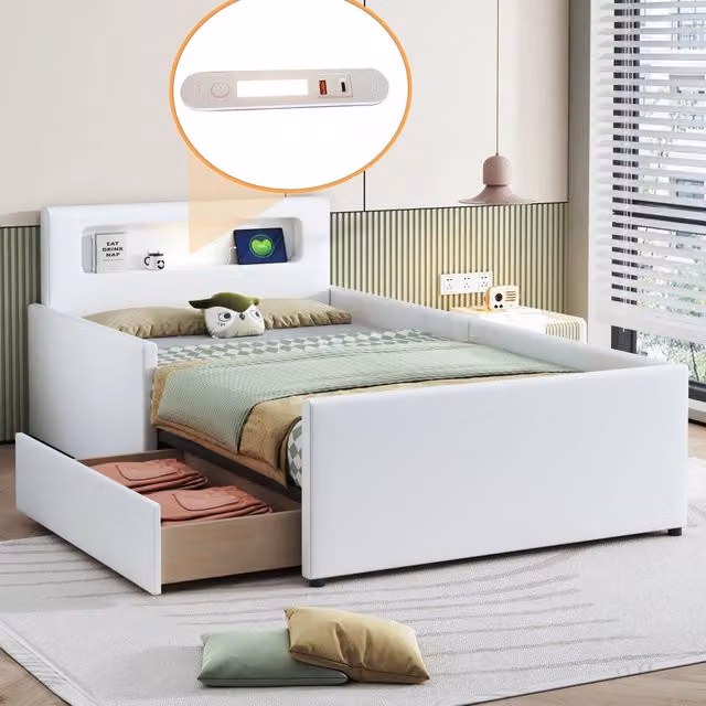 Letto Imbottito REDOM in Pelle Sintetica Bianca con Cassetti, Porte USB e Luce Notturna L/P/H: 200 x 90 x 31 cm