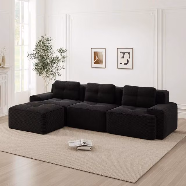 Divano Modulare Angolare 3 Posti con Poggiapiedi ¨C MINIMAL ¨C Velluto a Coste, Nero
