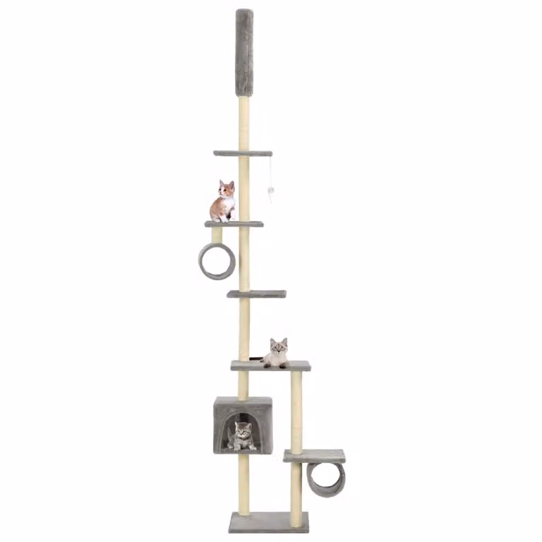 Albero per gatti vidaXL con tiragraffi in sisal, cave e giocattoli integrati, grigio, Altezza: 260 cm