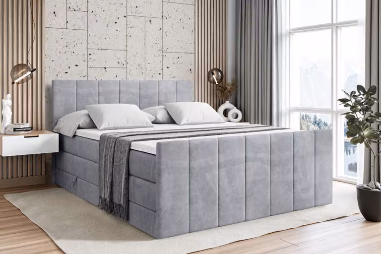 Letto boxspring ALTDECOR con pediera, 2 materassi e topper - 180x200 cm - MOETI-Z KING - Velluto grigio chiaro - Letto imbottito con materassi H3 e H4, contenitore e rete a doghe, letto con contenitore
