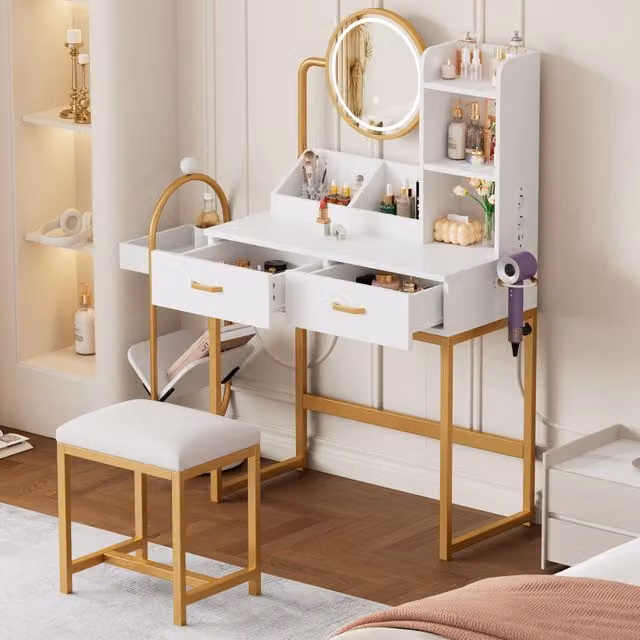 Toeletta Hollywood Mivray con specchio LED a 3 modalità, prese USB, cassetti e sgabello, colore bianco e oro, L 80 x P 40 x H 138.5 cm