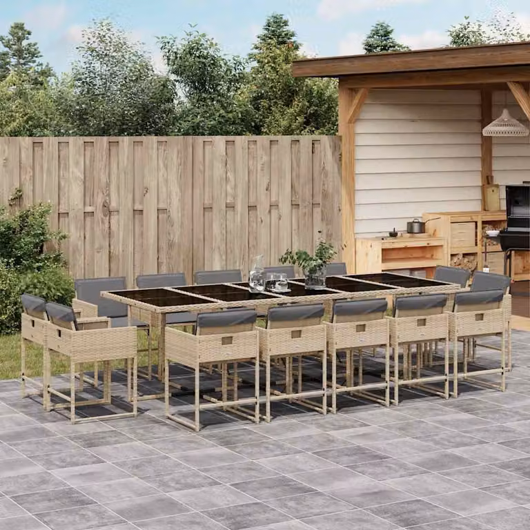 vidaXL Set Pranzo da Giardino 15 pz in Polyrattan con Cuscini Beige e Grigio e Tavolo in Vetro