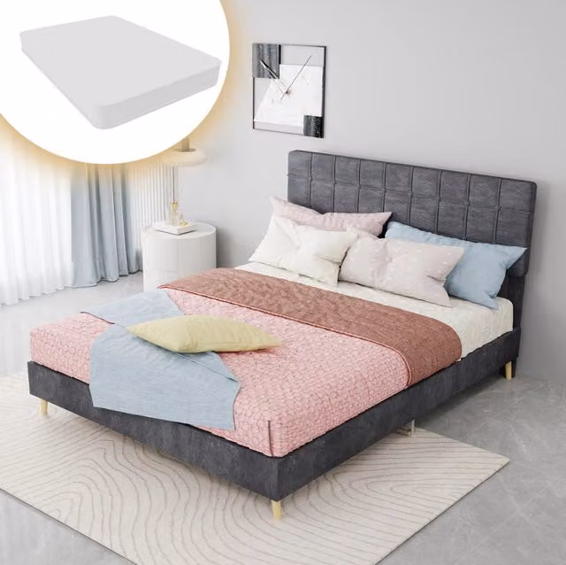 Letto matrimoniale grigio scuro in tessuto con testiera imbottita a quadri, 140x200 cm, con materasso incluso
