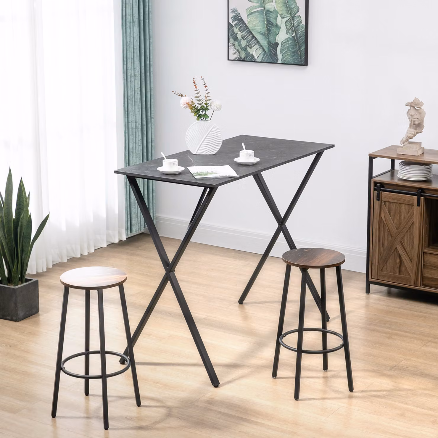 Bancone Bar e Tavolo Alto HOMCOM in Stile Moderno Industriale con Effetto Marmo, Legno e Acciaio, Nero, L: 120 cm, P: 60 cm, H: 102 cm – 2