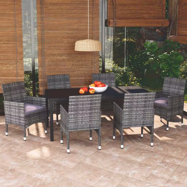 Set da pranzo per giardino e terrazza vidaXL in polyrattan grigio e nero con 7 pezzi