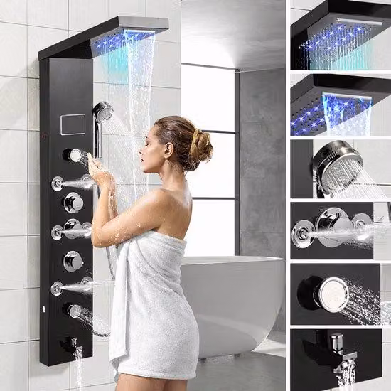 Doccia idromassaggio con 6 funzioni - display LCD - doccetta - con termostato - nera - soffione