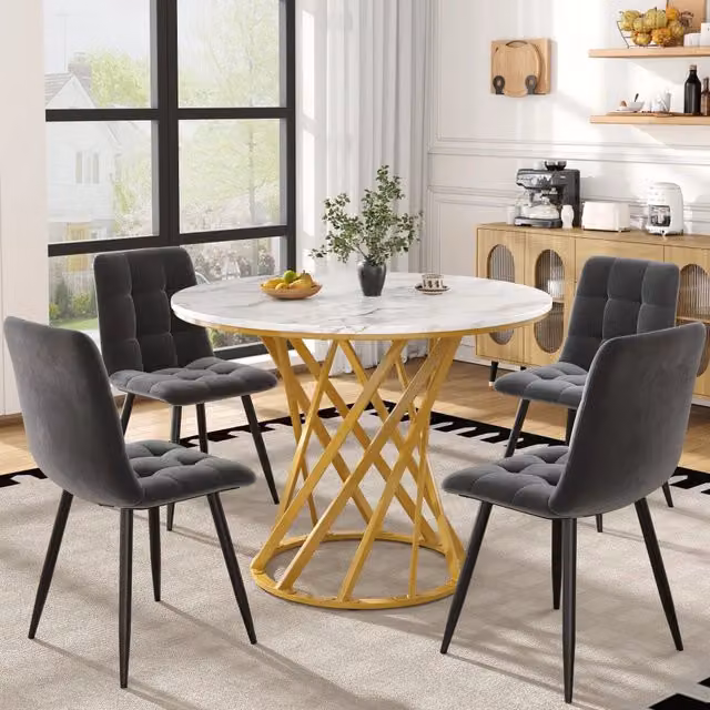 Set tavolo cucina e sedie con 1 tavolo rotondo e 4 sedie, con piedini regolabili in MDF, metallo e velluto multicolore