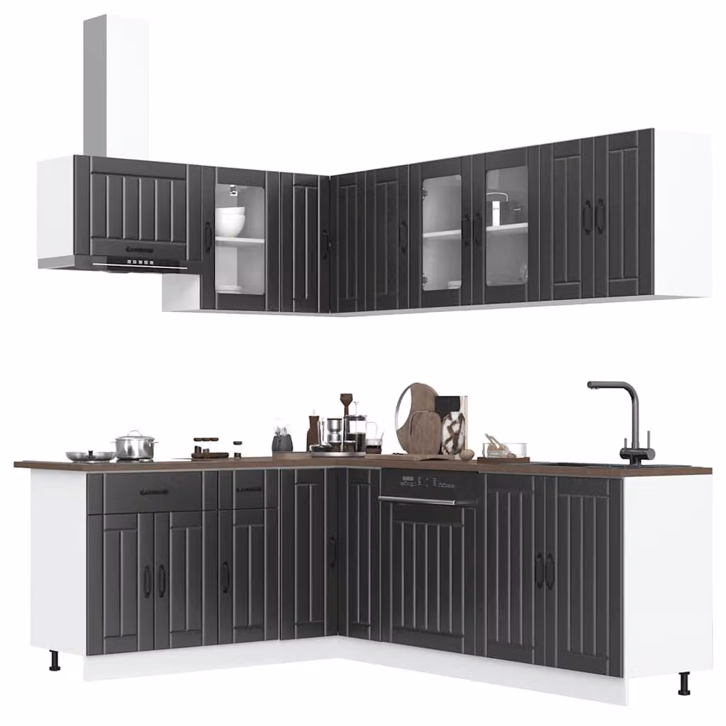 Set di mobili da cucina vidaXL Lucca composto da 11 pezzi in legno multistrato e vetro, colore nero opaco, design moderno con ante a cerniera e scaffali aperti