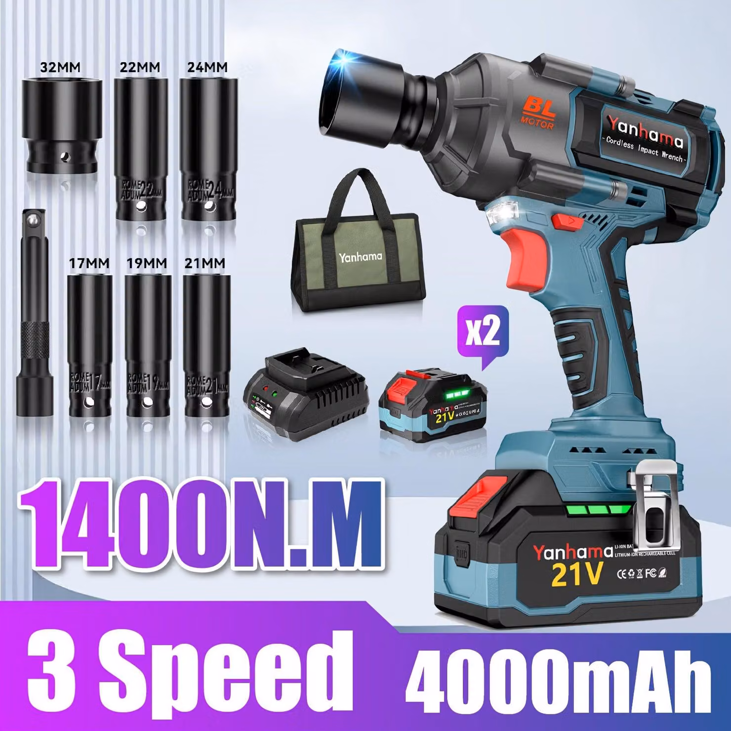 Set di chiavi a percussione a batteria Accu - 21V - Include due batterie, caricabatterie e adattatori