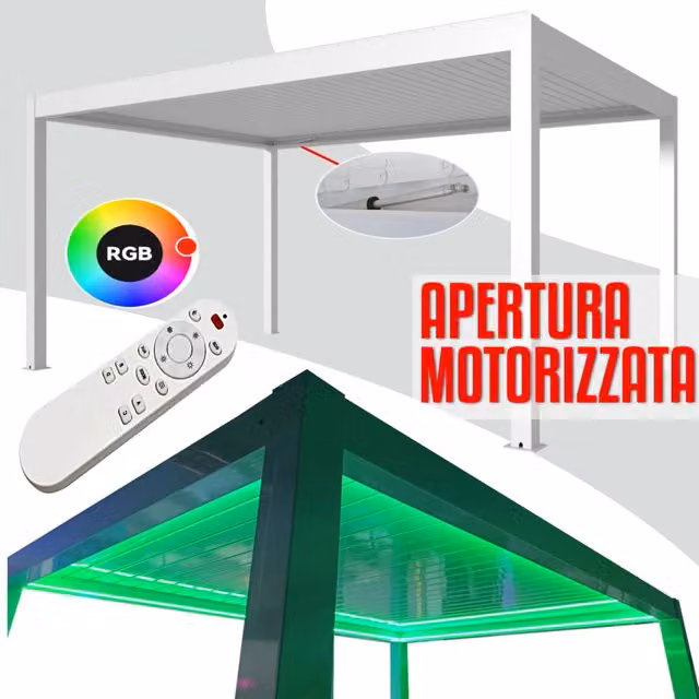 Pergola bioclimatica motorizzata con lamelle orientabili e impianto LED RGB in alluminio bianco L: 6 m, P: 4 m