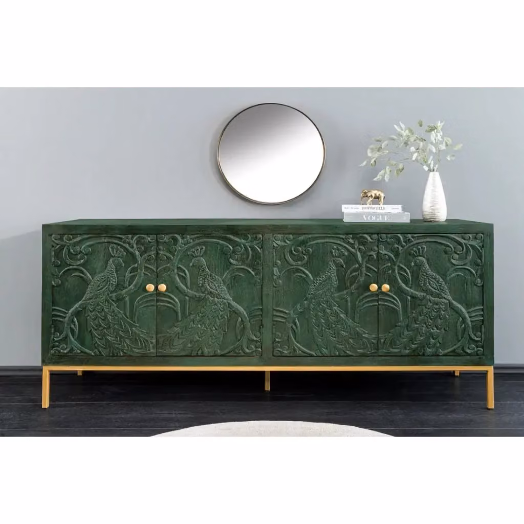 Buffet orientale MEUBLORAMA Collezione TANJORE in legno e metallo verde e oro con decorazioni floreali L: 175 cm – 2