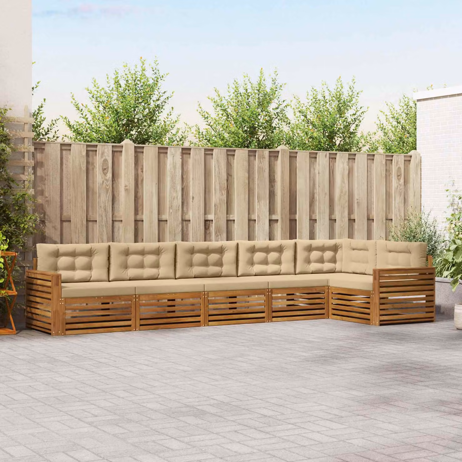Set di divani da esterno vidaXL 6 pz a forma di L in legno di acacia con cuscini beige e marrone