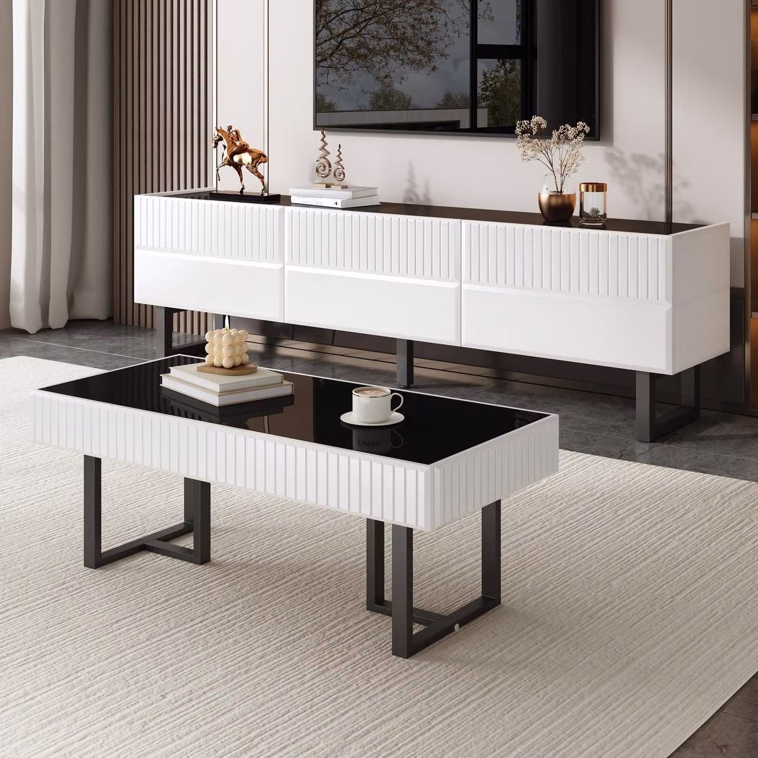 Tavolino STILVORA in bianco e nero, tavolino da salotto con piano nero lucido, gambe robuste, facile da pulire