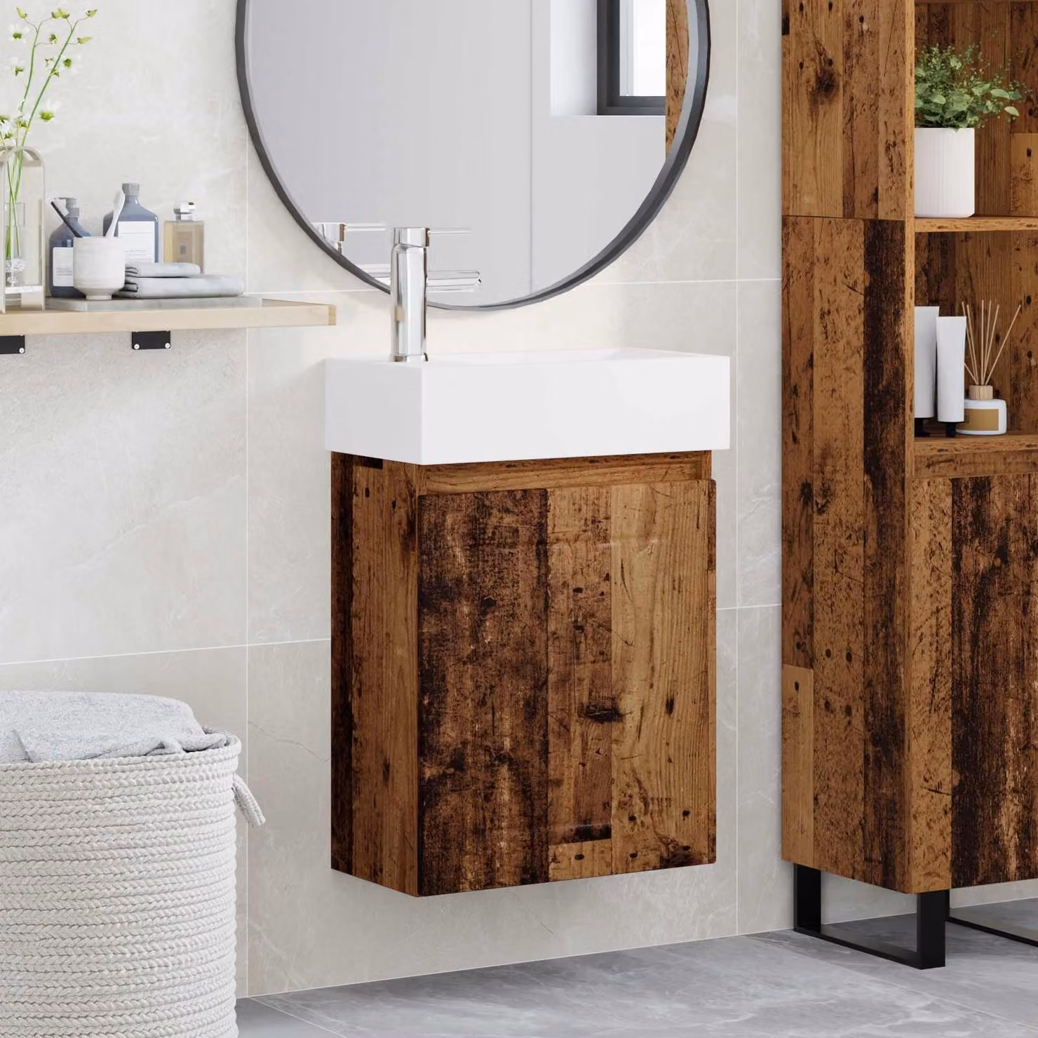 Mobile bagno con rubinetto vidaXL in legno antico, L 45,5 x P 25,5 x H 84 cm