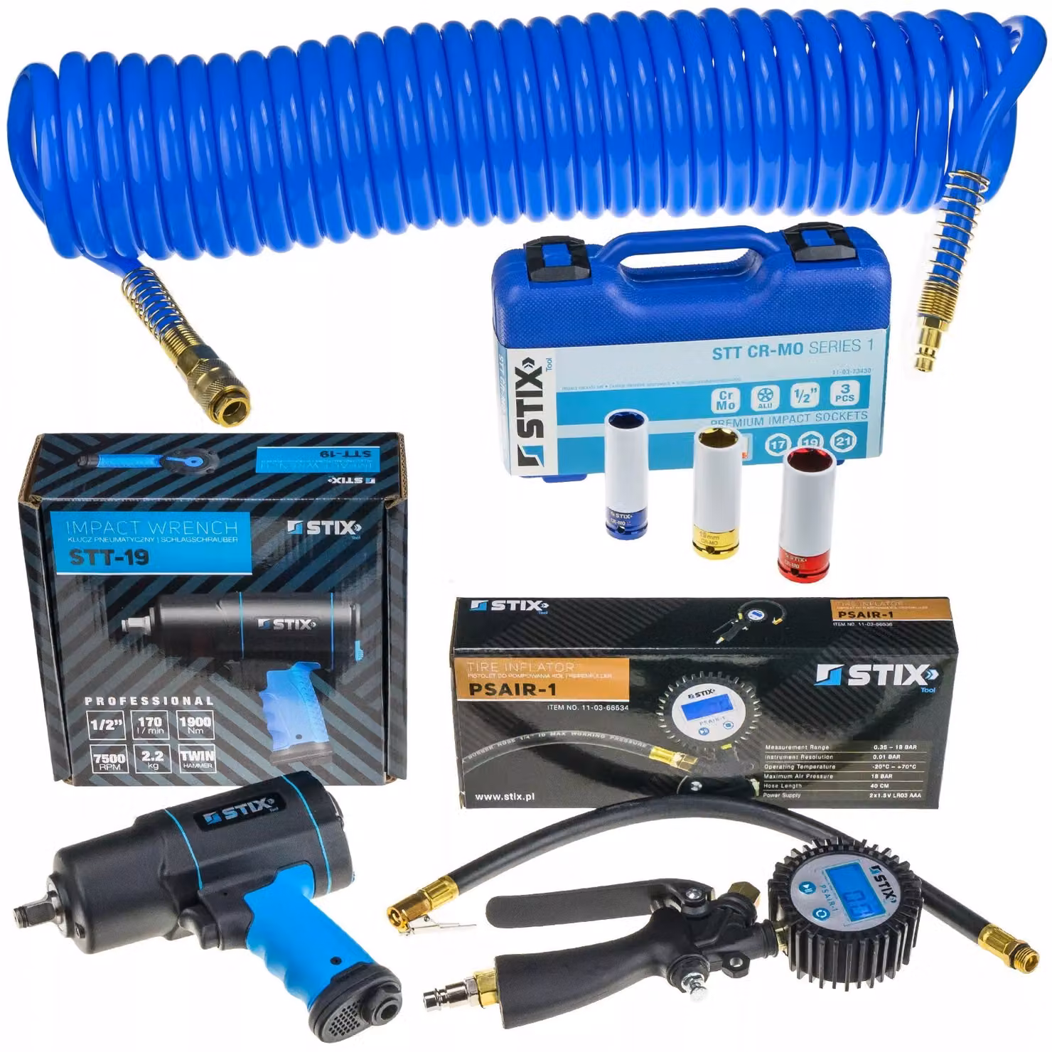 Set di aria compressa Chiave a impulsi Set di chiavi a bussola Gonfiatore per pneumatici Tubo flessibile a spirale