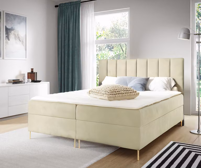 Letto imbottito GUTTO modello NADIA, dimensioni 140 x 200 cm, con 2 contenitori portaoggetti, topper da 5 cm incluso, colore beige, rivestito in velluto, con gambe dorate
