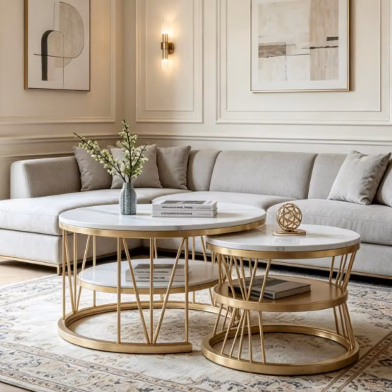 INONEFT, Tavolino rotondo, set da 2, tavolino da soggiorno con spazio contenitivo, aspetto marmo e struttura in metallo, tavolino ausiliario per soggiorno, balcone, bianco e oro