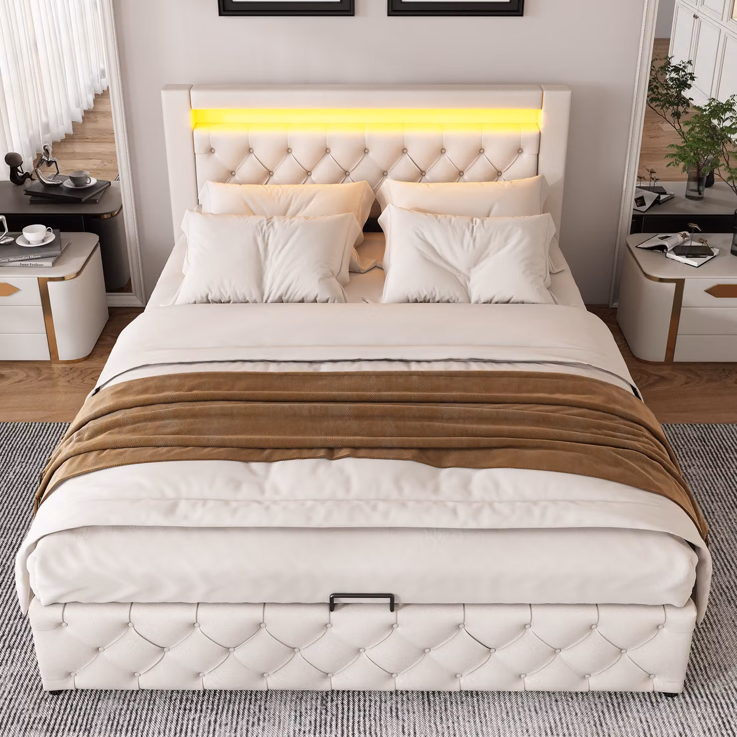 letto imbottito okwish 140 x 200 cm, letto funzionale con rete a doghe e contenitore, con illuminazione a LED, bianco, PU