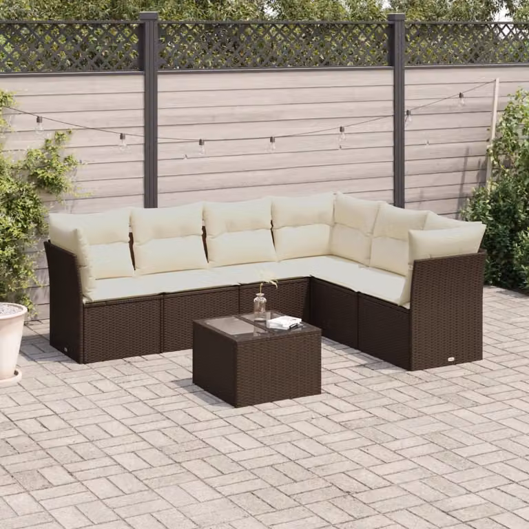vidaXL Set Divani da Giardino 7 pz in Polyrattan Marrone con Cuscini e Tavolino da Caffè