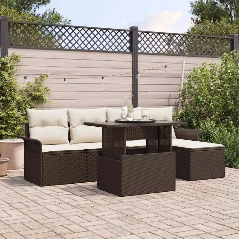 Set Divano da Giardino a L vidaXL 6 pz Marrone e Beige con Cuscini e Tavolino