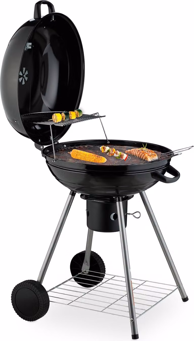 Barbecue a sfera Relaxdays, Ø 53 cm, 2 griglie, termometro, raccoglitore di cenere, barbecue a carbonella con ruote, BBQ, affumicatore, nero