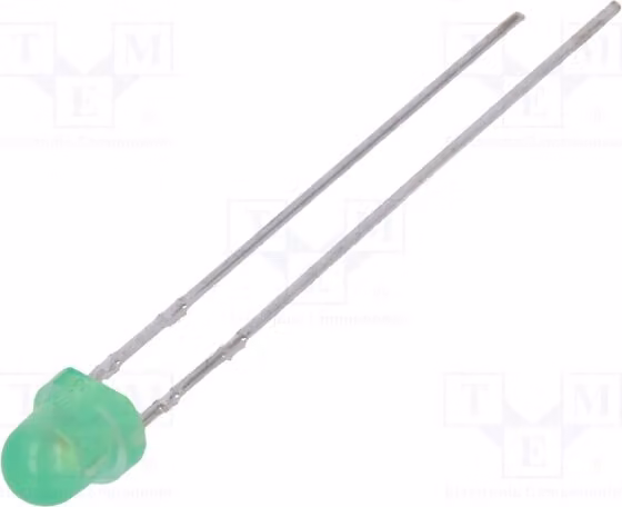 1 LED giallo-verde a 85°, luminosità 5,6÷16 mcd, dimensioni 3,2 mm. Quantità: 2. Diodi LED per montaggio a foro passante (THT), modello SLR-332MG3F, 3 mm