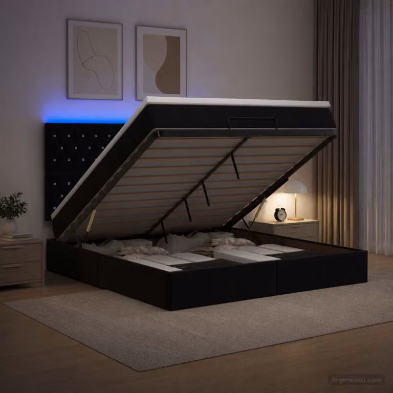 Letto Ottomano vidaXL in Velluto Nero con Materasso Ibrido e Illuminazione LED sotto il letto L: 160 cm, P: 200 cm, H: 203 cm