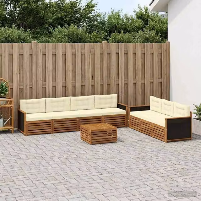 Set di divani da esterno a L con tavolino vidaXL in legno di acacia, colore beige e bianco, composto da 8 pezzi con cuscini inclusi – 1