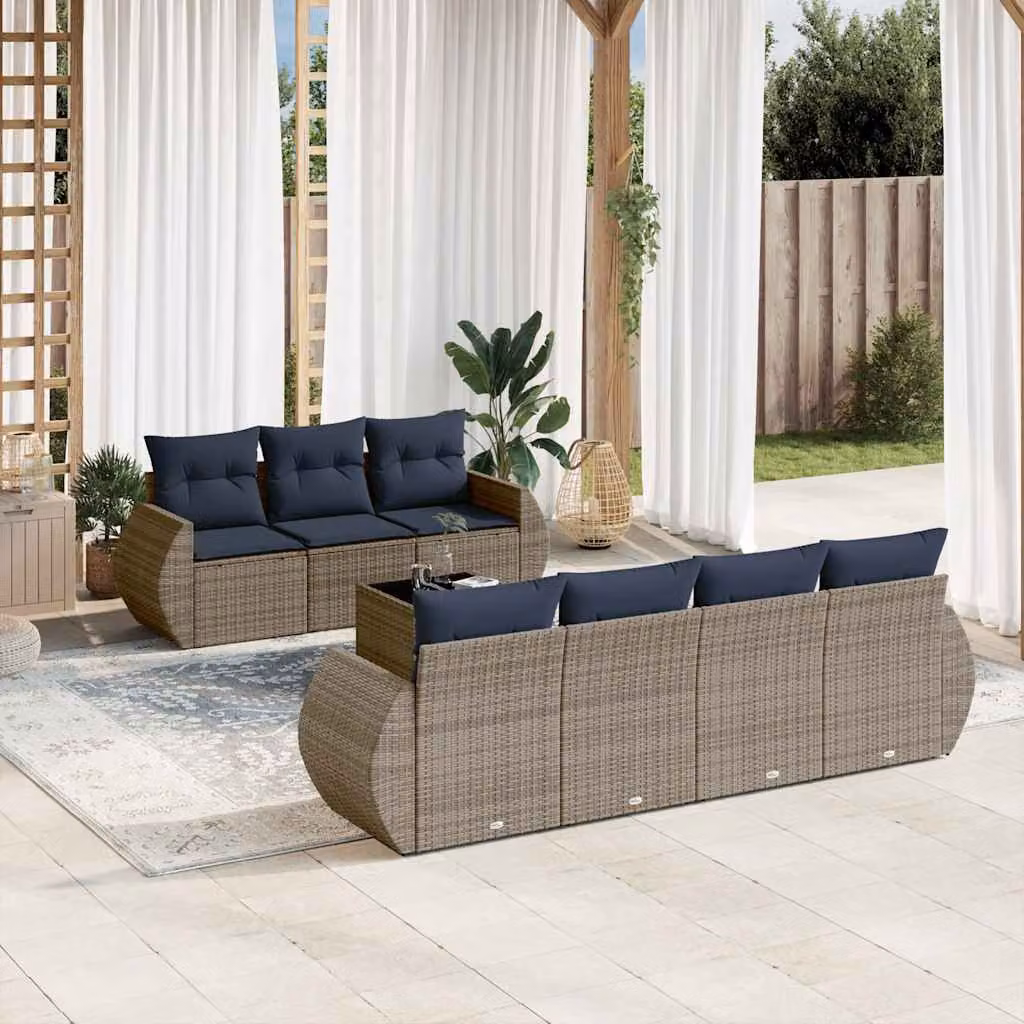 Set Divani da Giardino vidaXL 8 Pezzi con Cuscini e Tavolino, Design Moderno a L in Polyrattan Grigio e Blu con Struttura in Acciaio Verniciato a Polvere