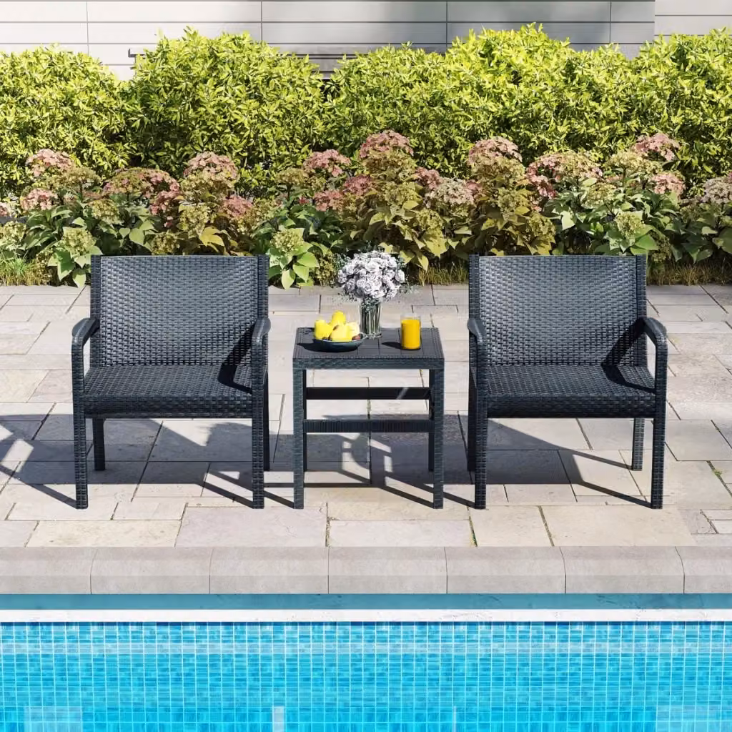 Set da conversazione da esterno moderno in rattan grigio composto da 2 poltrone e un tavolino quadrato con cuscini inclusi – 2