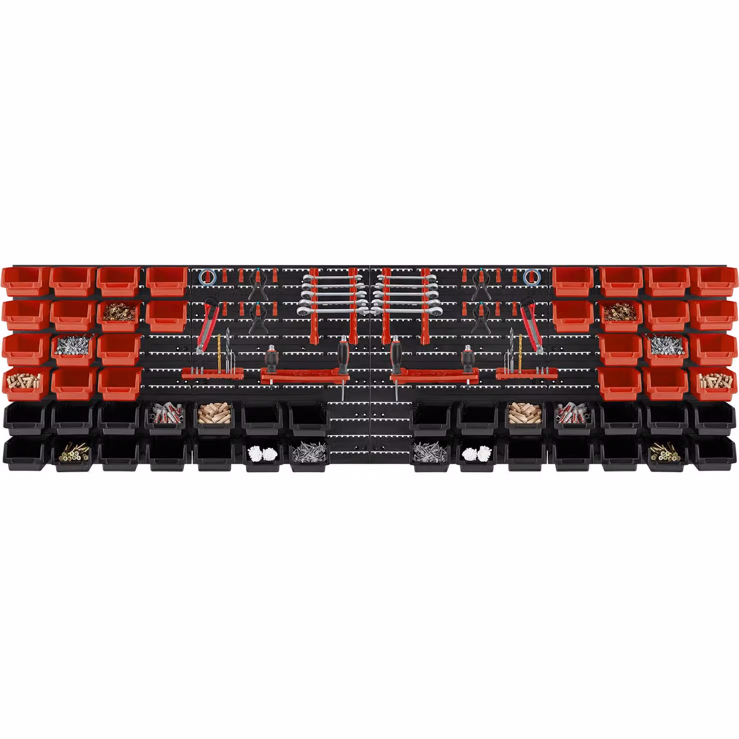 Set di 2 contenitori per minuteria tectake con 28 cassette impilabili e supporti per utensili, nero e rosso, da appendere a parete – 2