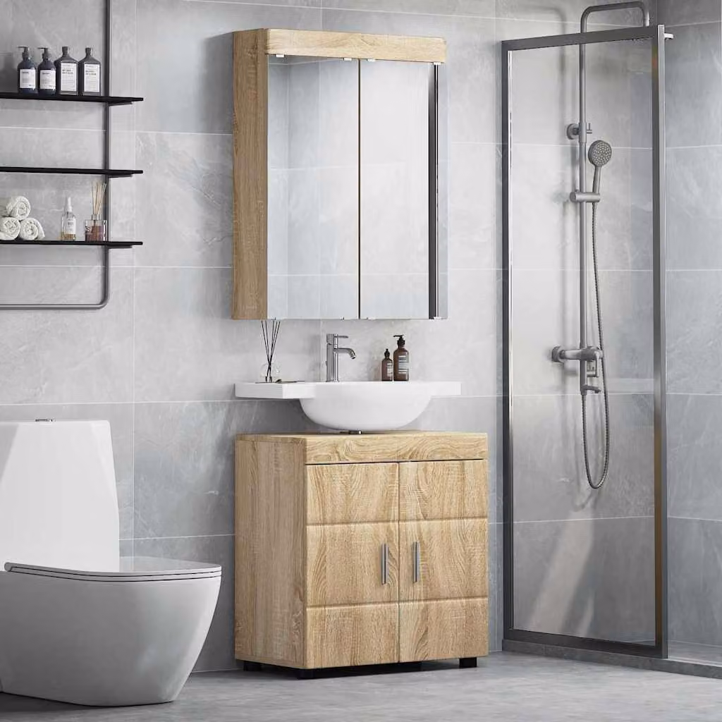 Set di mobili per il bagno vidaXL TULUM composto da mobile lavabo e armadietto con specchio, finitura Rovere Sonoma marrone, moderno con illuminazione LED