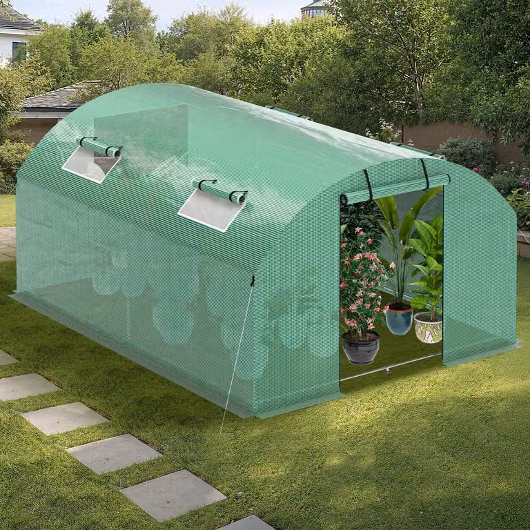 Serra in plastica Ikodm con base in tubi zincati 3 × 4 m - 12 m², inclusi picchetti di fissaggio e 4 finestre avvolgibili con zanzariera e resistente ai raggi UV, 140 g/m² - Serra per pomodori