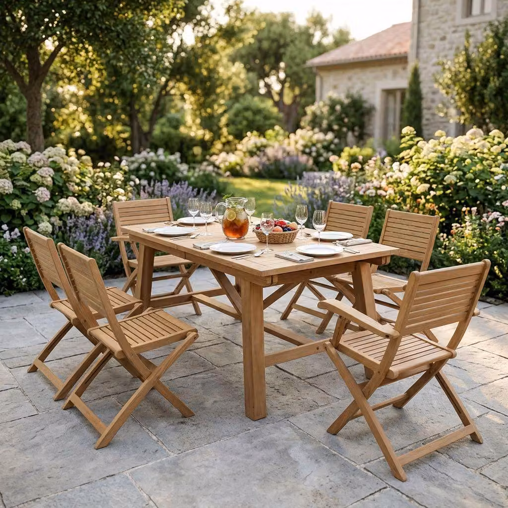 Milani Home - Set tavolo e sedie da giardino per esterno in legno resistente di teak cm 160/240x90x77 h con 6 sedute - Marrone