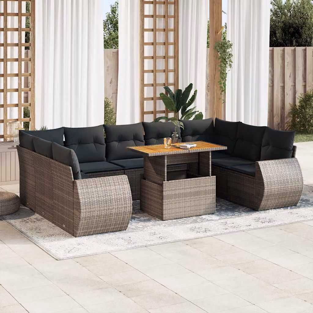 Set Divano da Giardino vidaXL 10 Pezzi in Polyrattan Grigio con Cuscini e Tavolino da Caffè