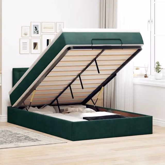 Letto con contenitore a sollevamento vidaXL in velluto verde con materasso e porta USB, L/P/H: 203 x 120 x 88 cm
