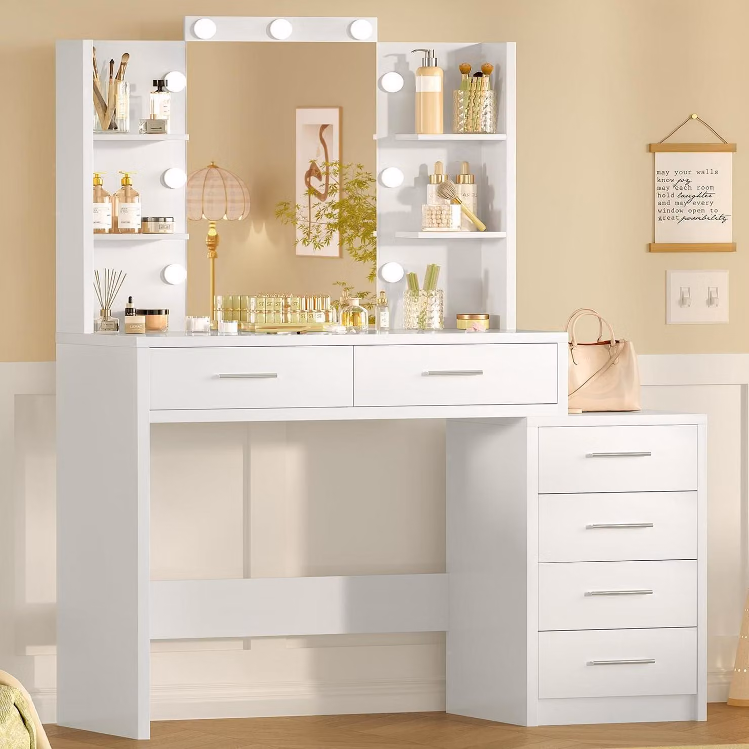 Comò da trucco con specchio e illuminazione, 3 livelli di colore e luminosità, 6 cassetti, bianco