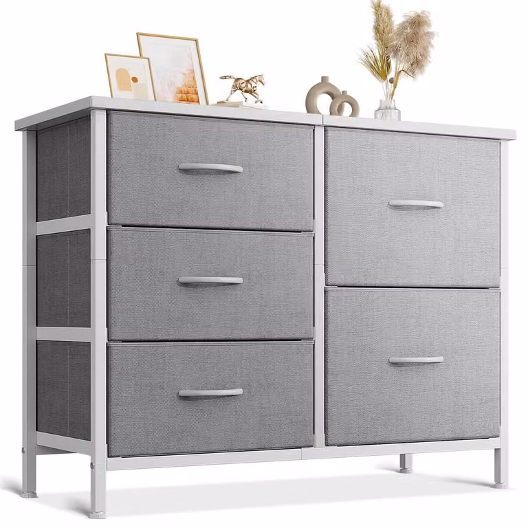 Comodino con 5 cassetti rivestiti in tessuto, colore grigio chiaro, dimensioni 76 x 29 x 60 cm
