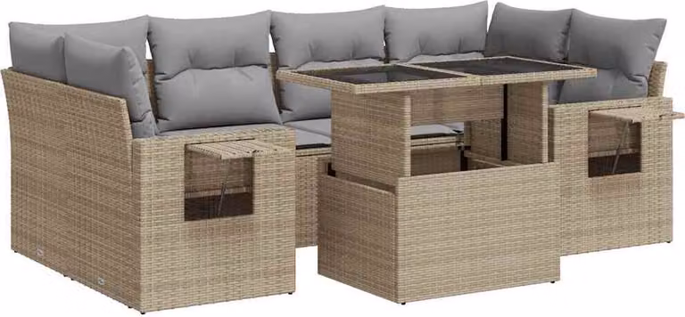 Set Divani da Giardino 7 pz con Cuscini Beige in Polyrattan