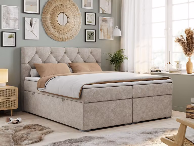 Boxspring con testiera trapuntata ALDA - 180x200 cm - Materassi multipocket H4 | Tessuto strutturato beige - Topper T25