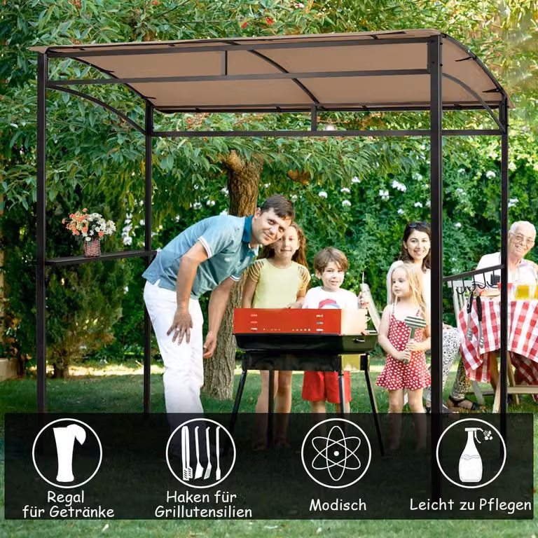 Gazebo con griglia resistente alle intemperie, struttura in metallo, ripiano e ganci